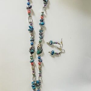 Hand Crafted Multicolor Beaded Earrings and necklace purple teal gemstone